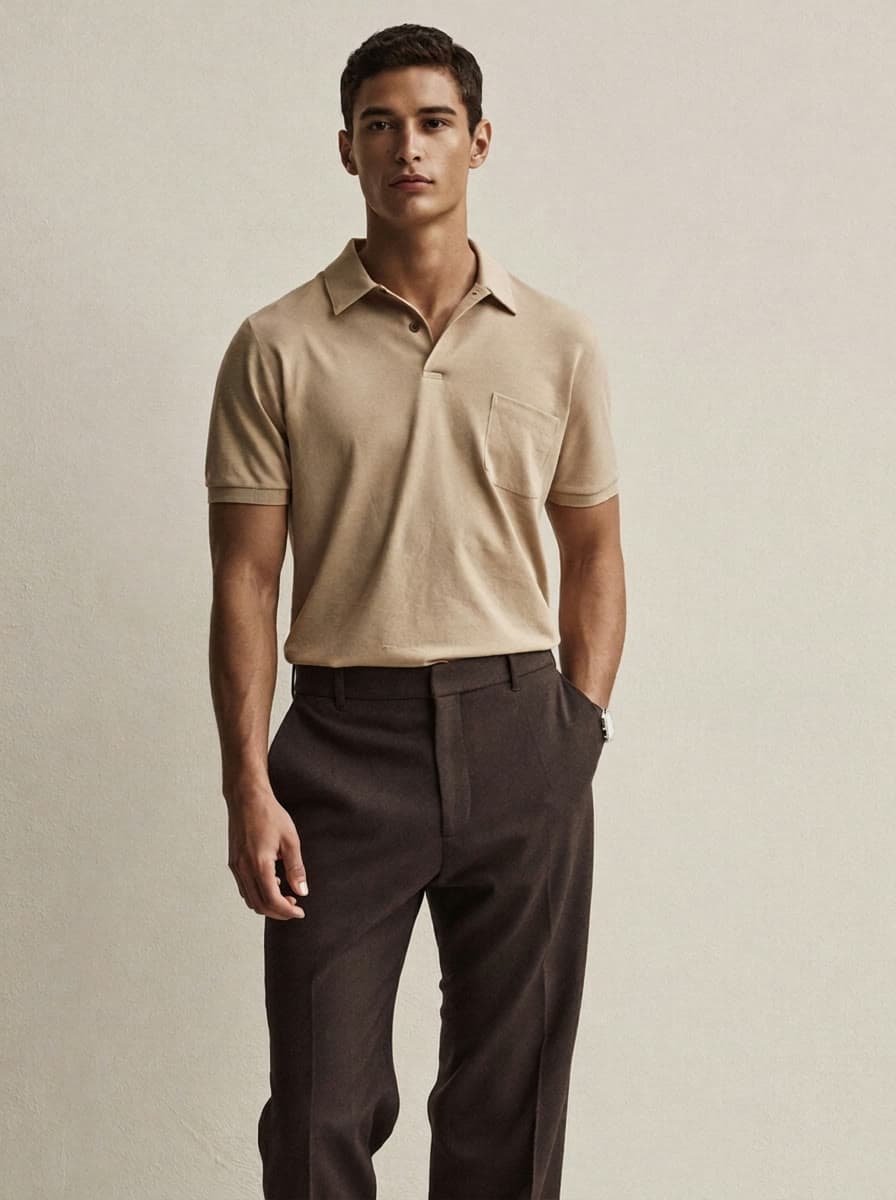 Homem de polo pima areia e calça alfaiataria, editorial Alpha Store