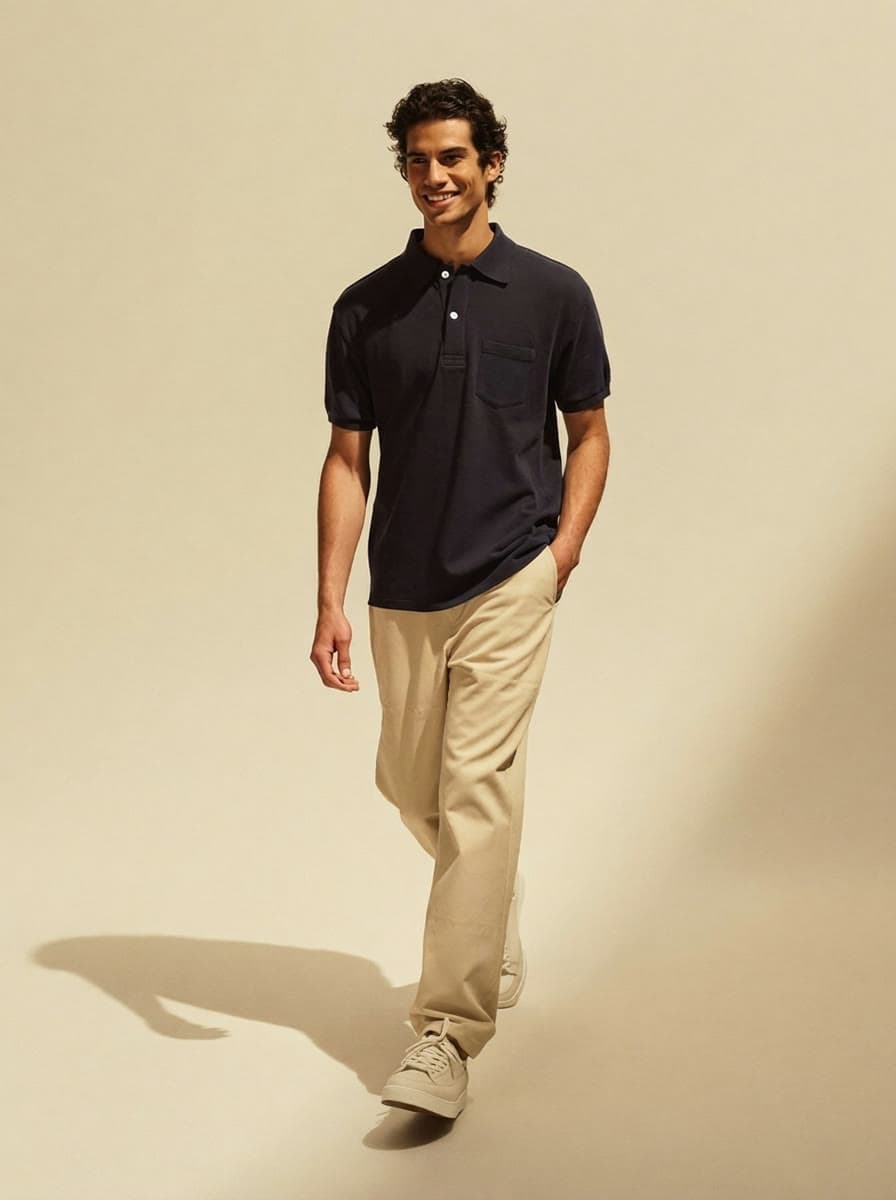 Homem de polo piquet marinho e chino bege, editorial Alpha Store